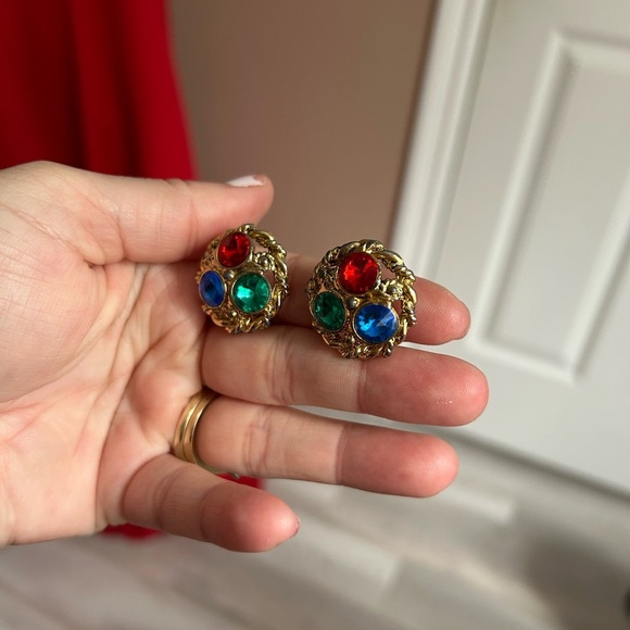 4/$50 Vintage Gold-Tone Clip-On Earrings with Red, Blue, and Green Gems ❤️ - Picture 5 of 7